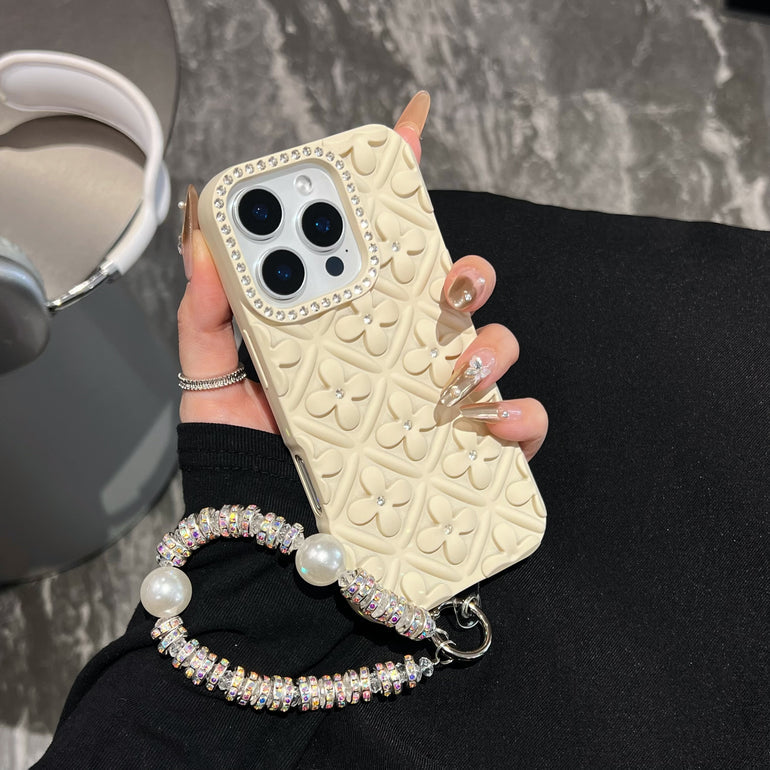 Luxury 3D Floral iPhone Cases with Pearl Bracelet Strap