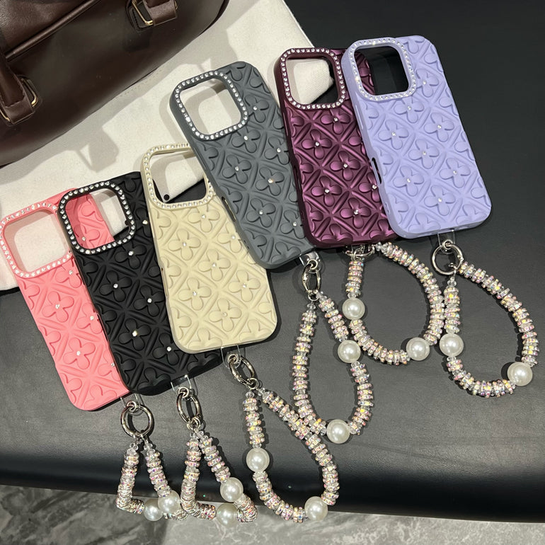 Luxury 3D Floral iPhone Cases with Pearl Bracelet Strap