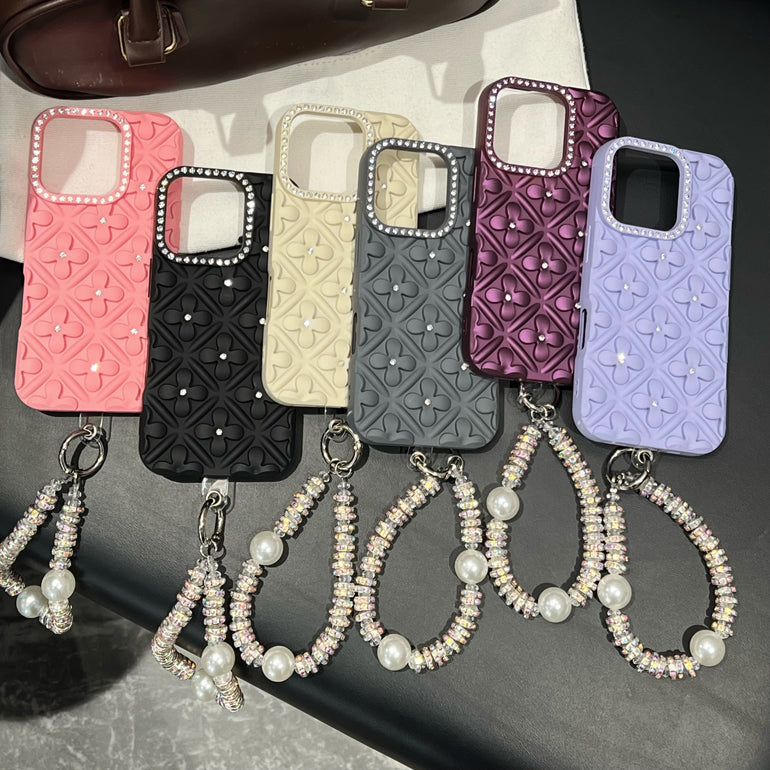 Luxury 3D Floral iPhone Cases with Pearl Bracelet Strap