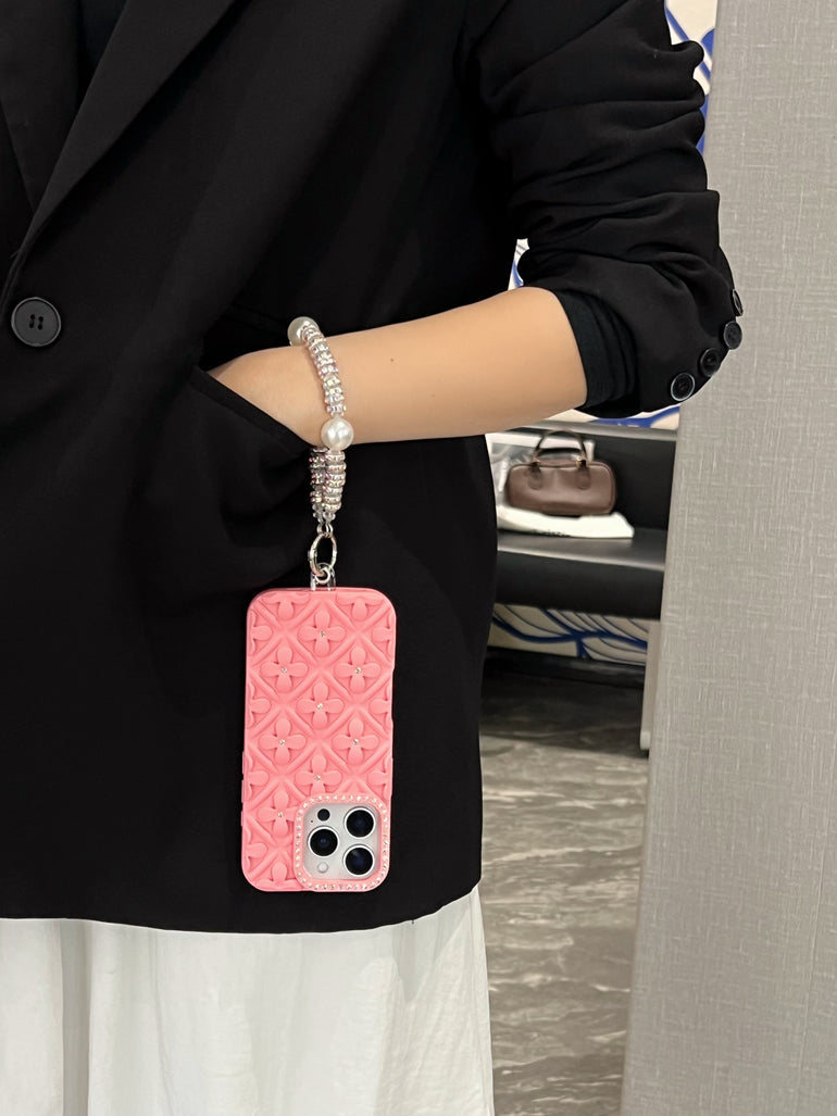 Luxury 3D Floral iPhone Cases with Pearl Bracelet Strap