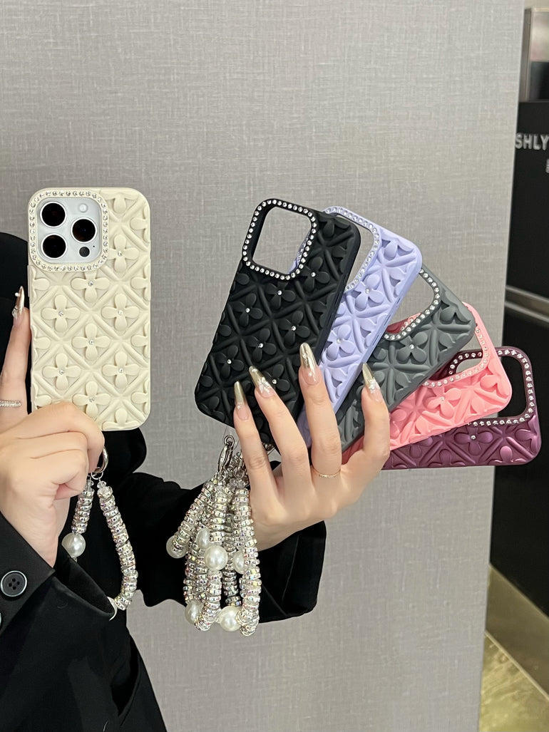 Luxury 3D Floral iPhone Cases with Pearl Bracelet Strap