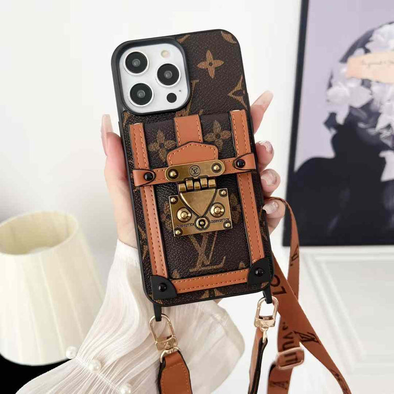 Luxury Branded Leather Wallet Case For iPhone With Sling Black With Monogram