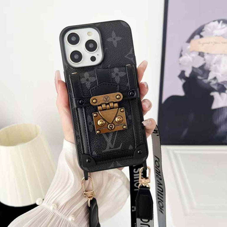 Luxury Branded Leather Wallet Case For iPhone With Sling Black With Monogram