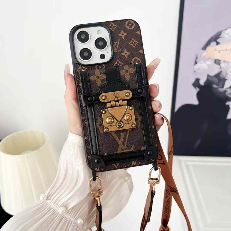 Luxury Branded Leather Wallet Case For iPhone With Sling Black With Monogram
