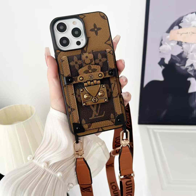 Luxury Branded Leather Wallet Case For iPhone With Sling Black With Monogram