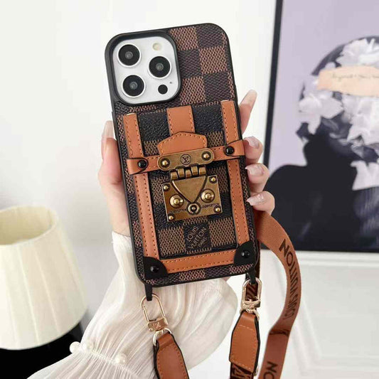 Luxury Branded Leather Wallet Case For iPhone With Sling Brown Checks