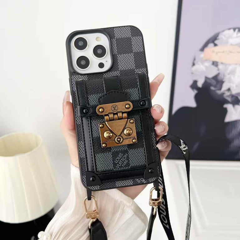 Luxury Branded Leather Wallet Case For iPhone With Sling Black With Monogram