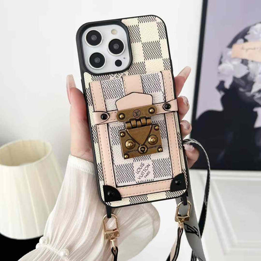 Luxury Branded Leather Wallet Case For iPhone With Sling Black With Monogram
