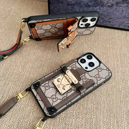 Luxury Branded Leather Wallet Case For iPhone With Sling Light Brown GG