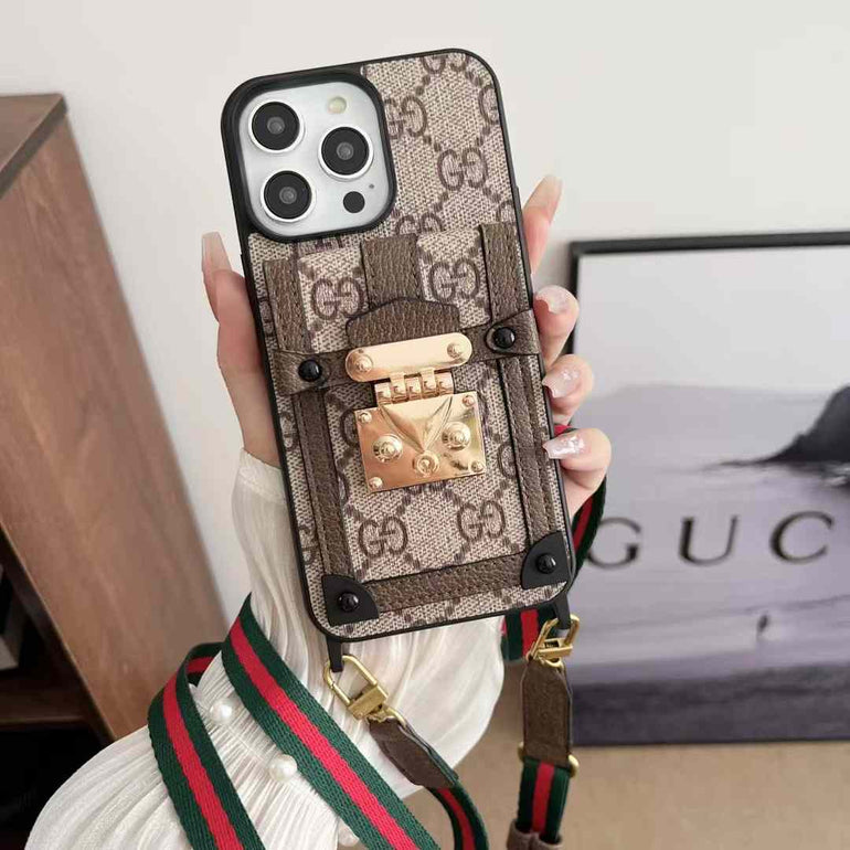 Luxury Branded Leather Wallet Case For iPhone With Sling Dark Brown GG