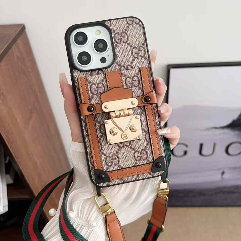 Luxury Branded Leather Wallet Case For iPhone With Sling Dark Brown GG