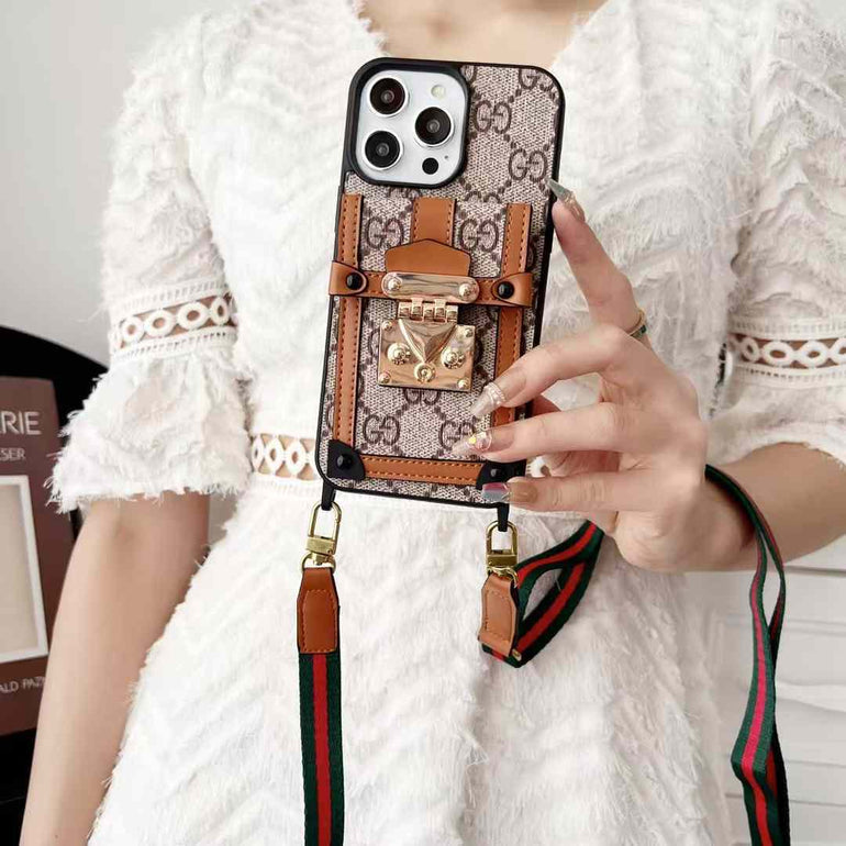 Luxury Branded Leather Wallet Case For iPhone With Sling Dark Brown GG