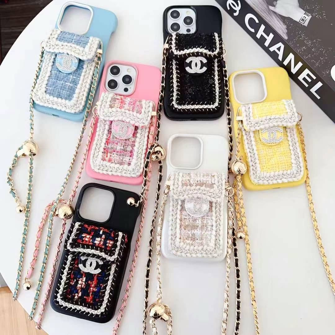 Luxury Branded Leather Crochet Wallet Case For iPhone With Sling light pink