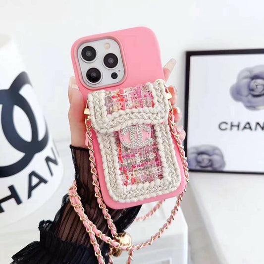 Luxury Branded Leather Crochet Wallet Case For iPhone With Sling light pink