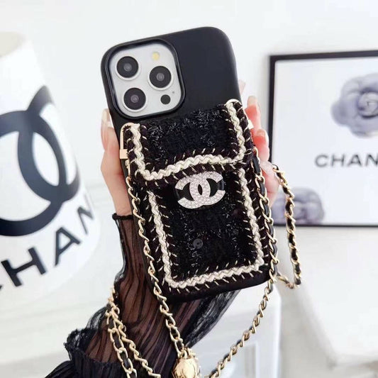 Luxury Branded Leather Crochet Wallet Case For iPhone With Sling black