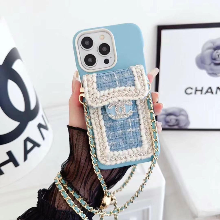 Luxury Branded Leather Crochet Wallet Case For iPhone With Sling light pink