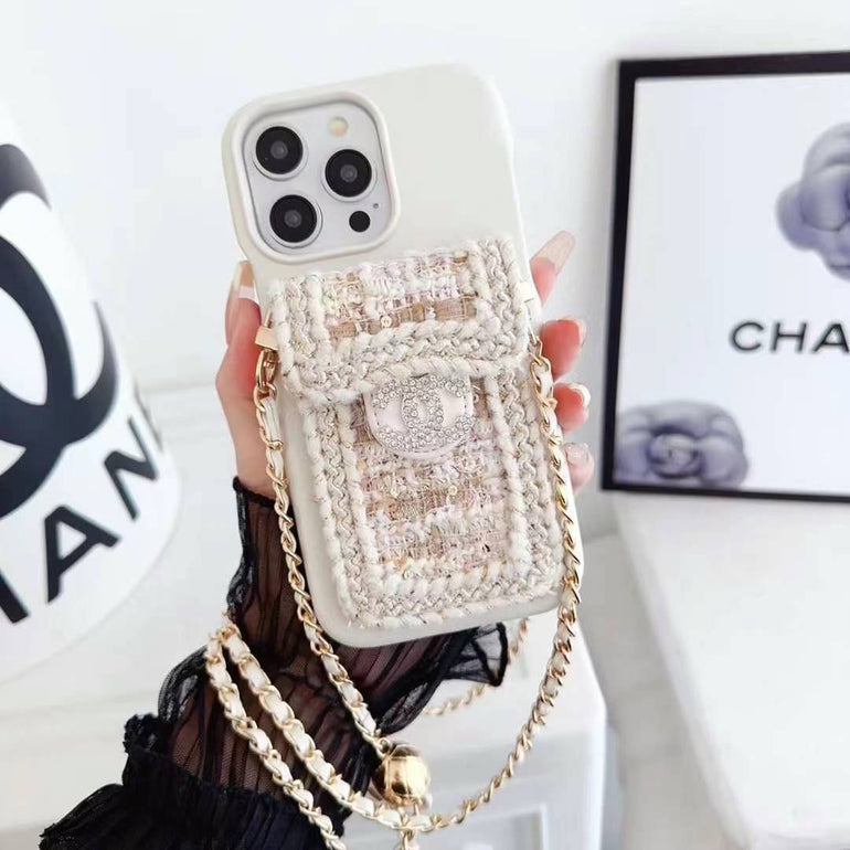 Luxury Branded Leather Crochet Wallet Case For iPhone With Sling light pink