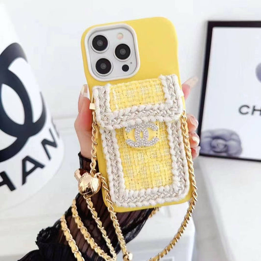 Luxury Branded Leather Crochet Wallet Case For iPhone With Sling white