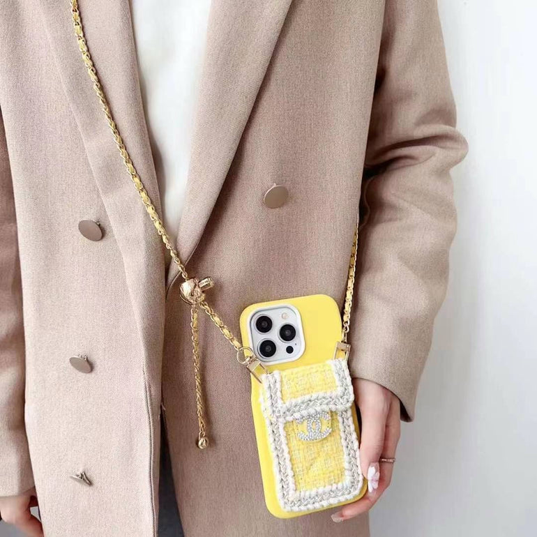 Luxury Branded Leather Crochet Wallet Case For iPhone With Sling light pink