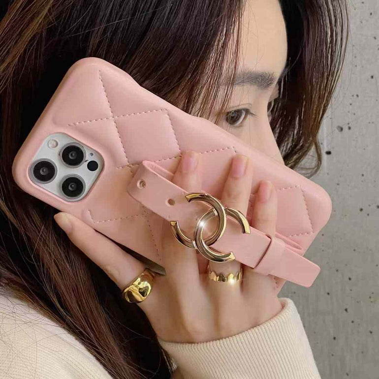 Luxury Branded Quilted Leather Case for iPhone With Belt Holder