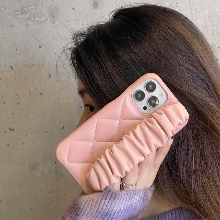 Quilted Leather Case for iPhone With Fluffy Holder