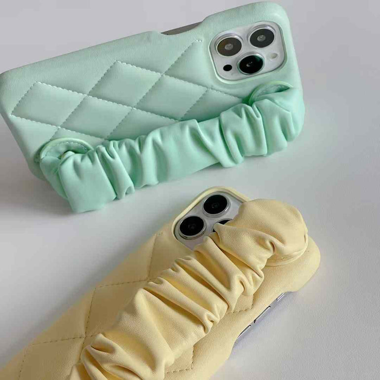 Quilted Leather Case for iPhone With Fluffy Holder