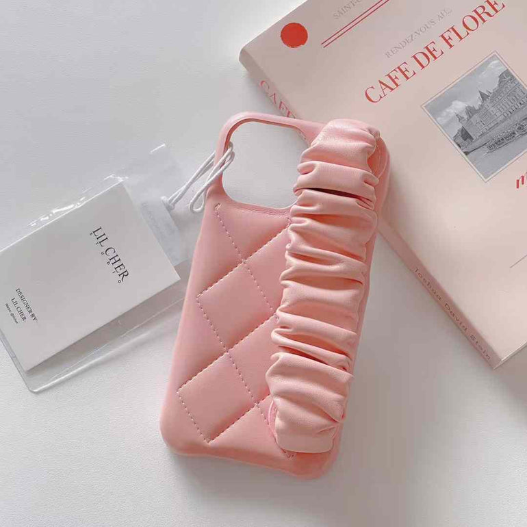 Quilted Leather Case for iPhone With Fluffy Holder