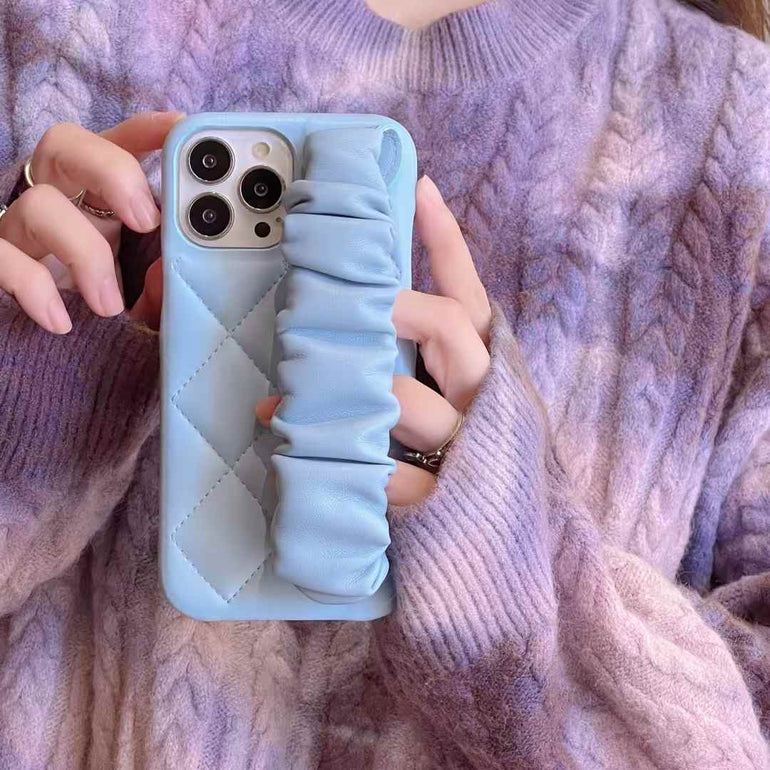 Quilted Leather Case for iPhone With Fluffy Holder