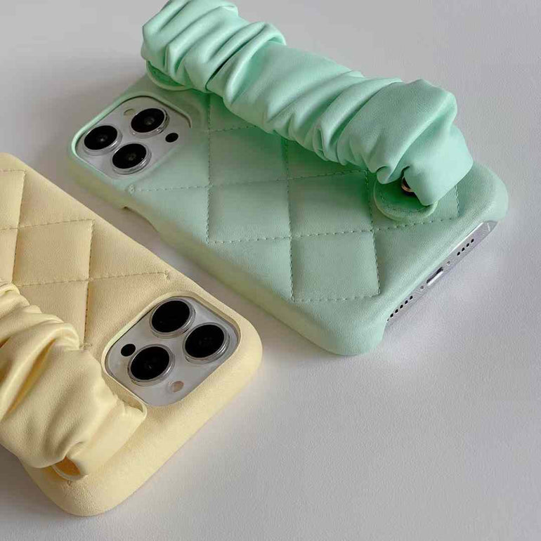Quilted Leather Case for iPhone With Fluffy Holder