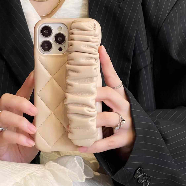 Quilted Leather Case for iPhone With Fluffy Holder