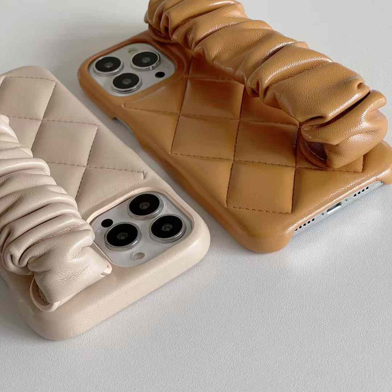Quilted Leather Case for iPhone With Fluffy Holder