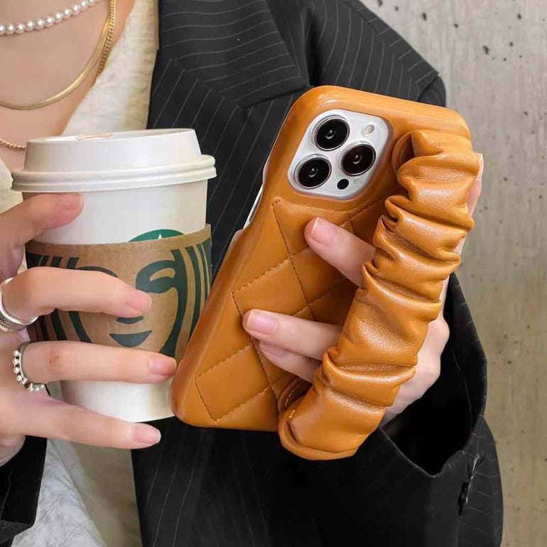 Quilted Leather Case for iPhone With Fluffy Holder