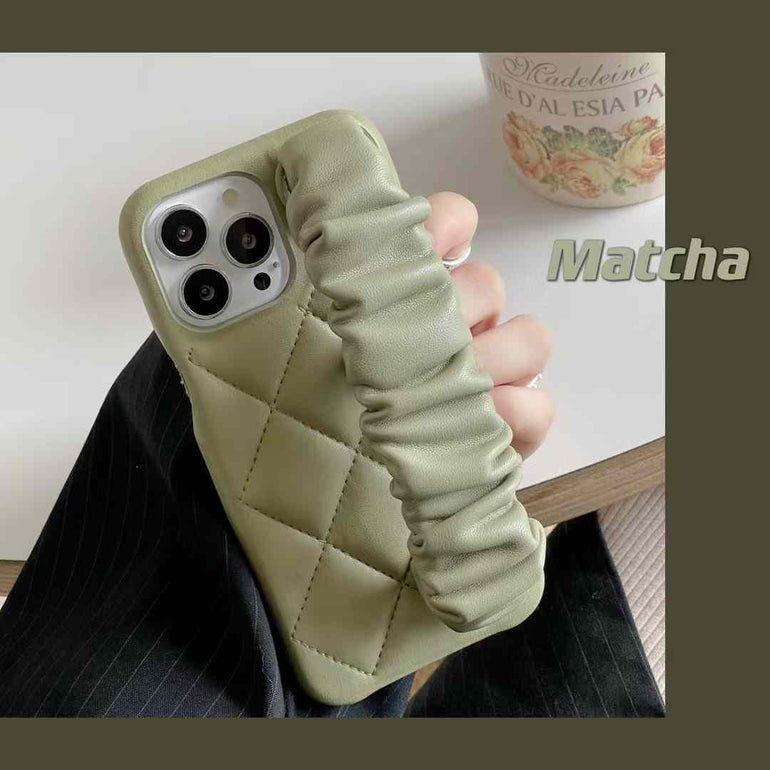 Quilted Leather Case for iPhone With Fluffy Holder