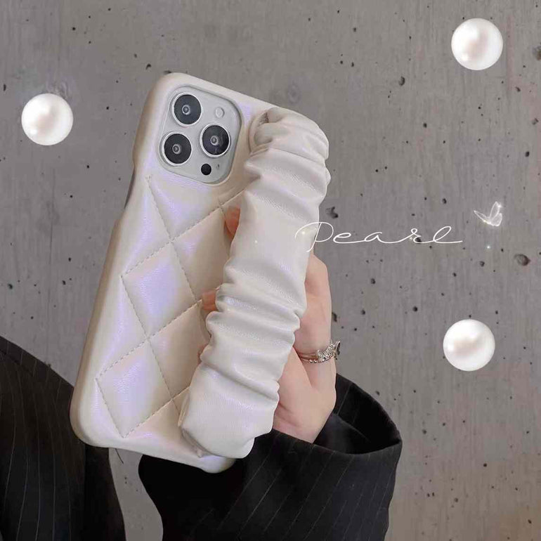Quilted Leather Case for iPhone With Fluffy Holder