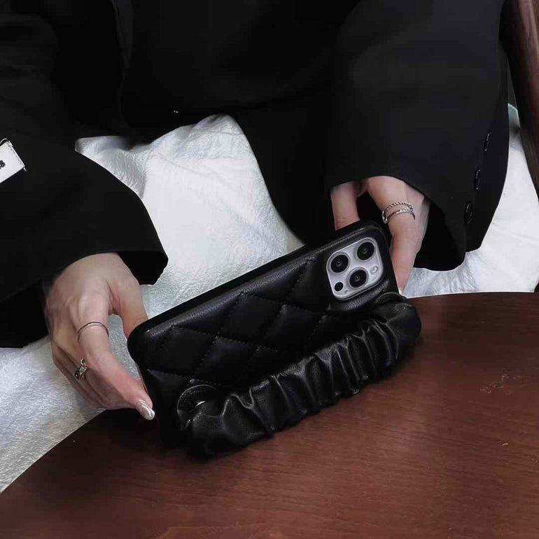 Quilted Leather Case for iPhone With Fluffy Holder