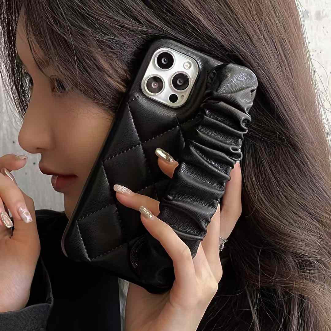 Quilted Leather Case for iPhone With Fluffy Holder