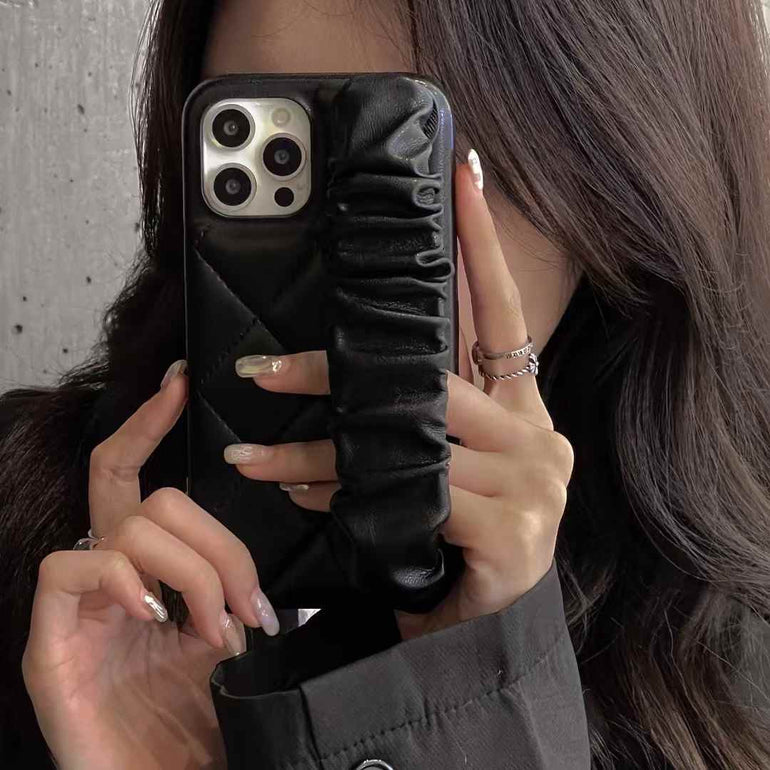 Quilted Leather Case for iPhone With Fluffy Holder