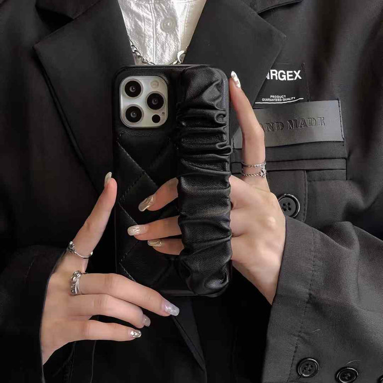 Quilted Leather Case for iPhone With Fluffy Holder