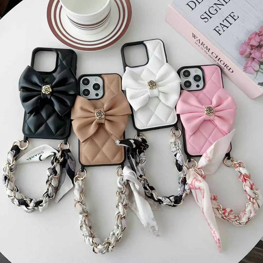 Luxury Branded Quilted Leather Bow iPhone Case With Hand Bracelet black