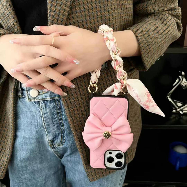 Luxury Branded Quilted Leather Bow iPhone Case With Hand Bracelet pink
