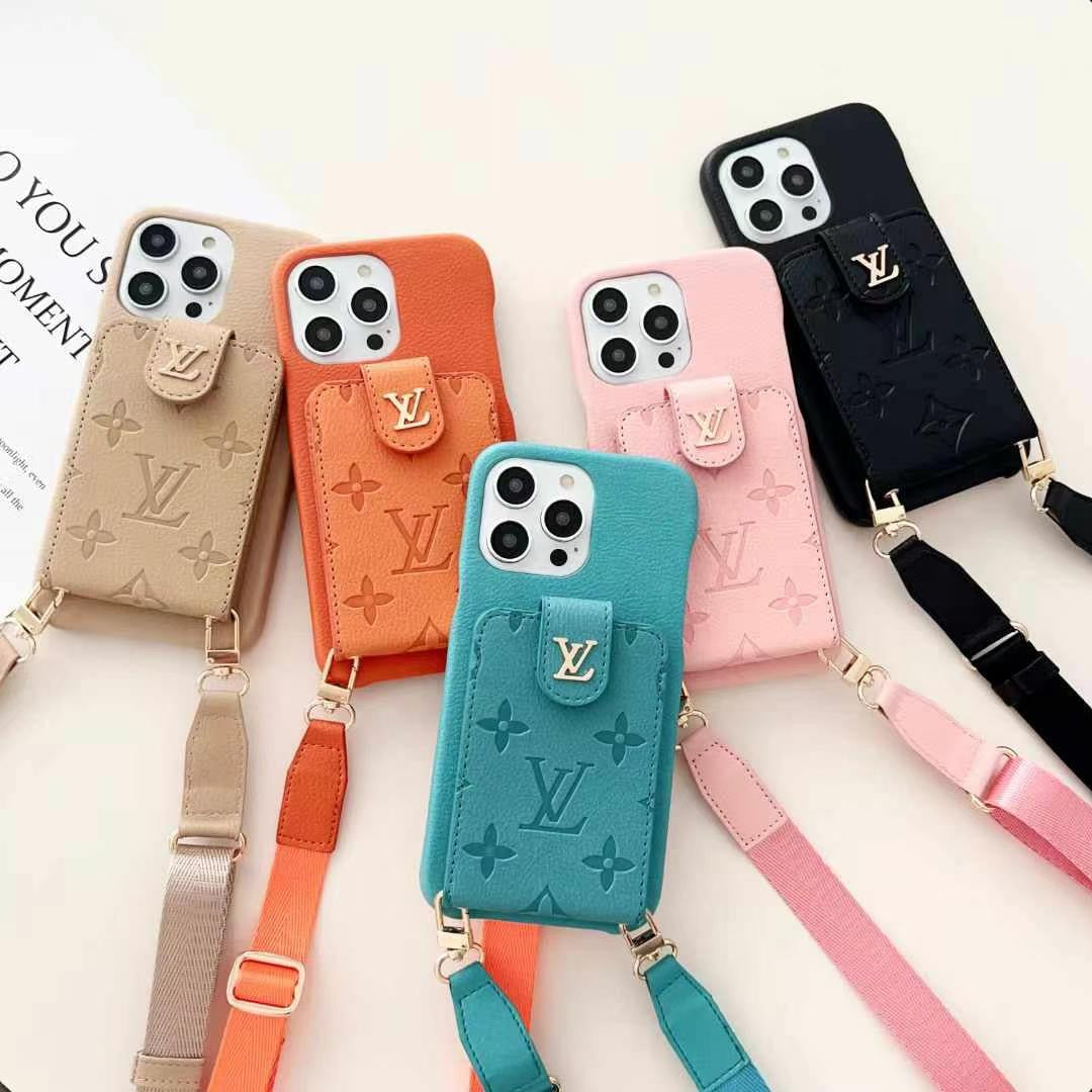 Luxury Branded Leather Wallet Case For iPhone With Sling Black With Monogram
