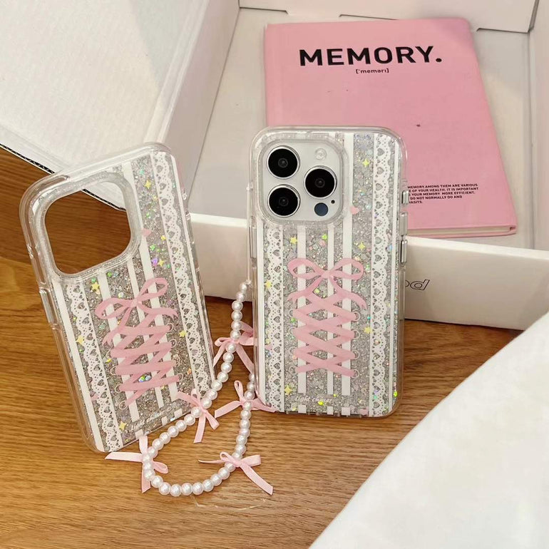 Glitter Bow Silicon Case For iPhone With Bow Beaded Charm