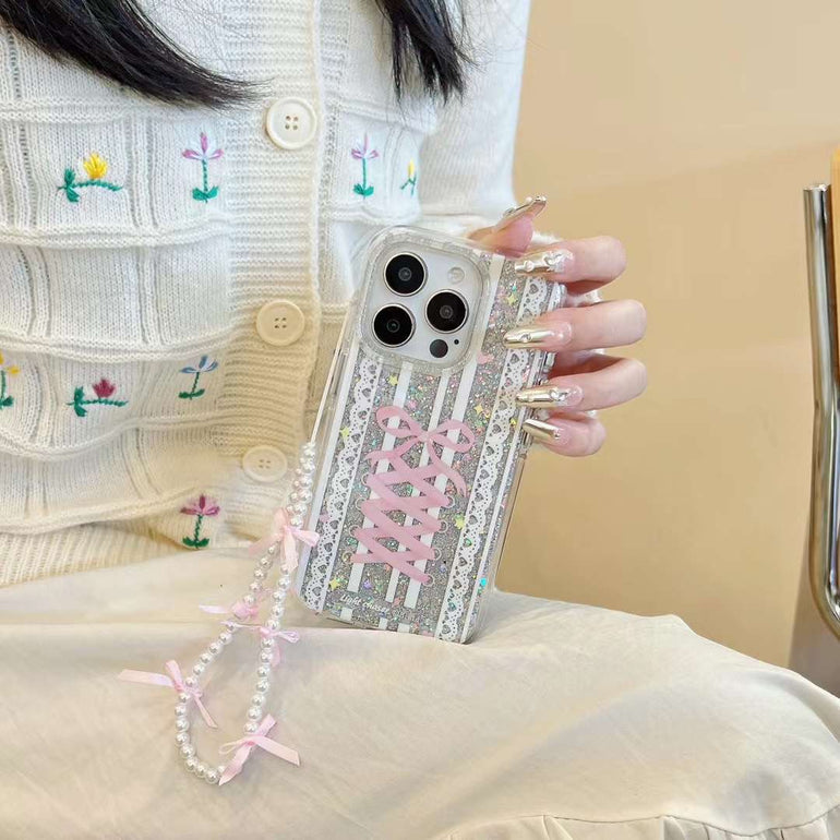 Glitter Bow Silicon Case For iPhone With Bow Beaded Charm