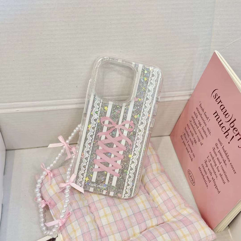 Glitter Bow Silicon Case For iPhone With Bow Beaded Charm