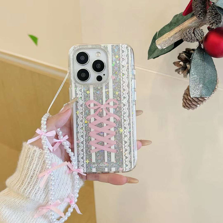 Glitter Bow Silicon Case For iPhone With Bow Beaded Charm