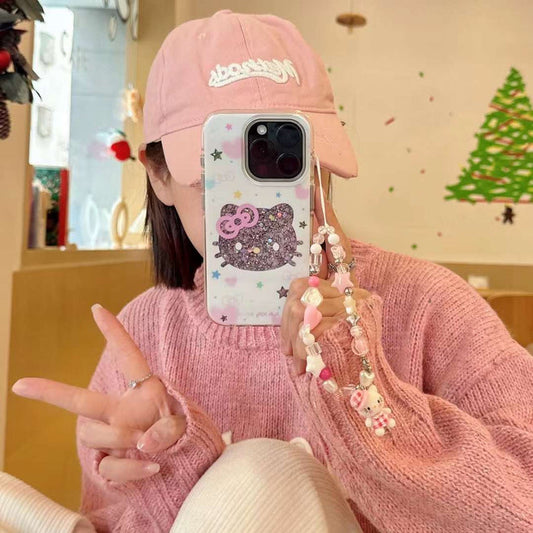 Glitter Star Kitty Silicon Case For iPhone With Kitty Beaded Charm