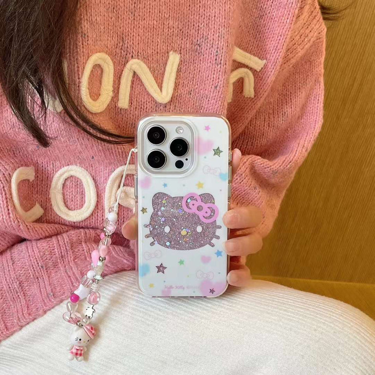 Glitter Star Kitty Silicon Case For iPhone With Kitty Beaded Charm