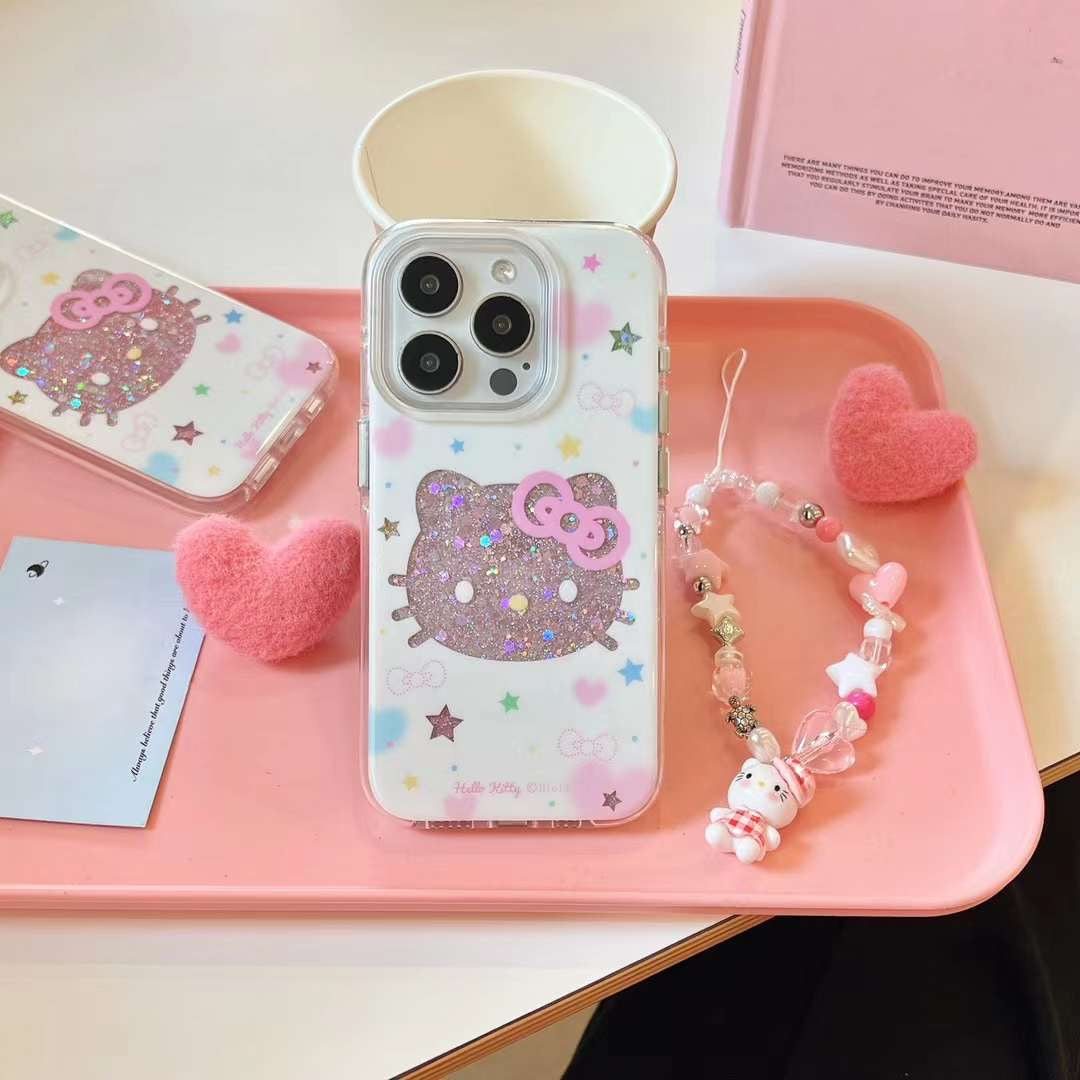 Glitter Star Kitty Silicon Case For iPhone With Kitty Beaded Charm