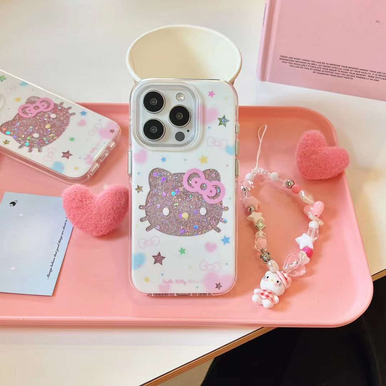 Glitter Star Kitty Silicon Case For iPhone With Kitty Beaded Charm
