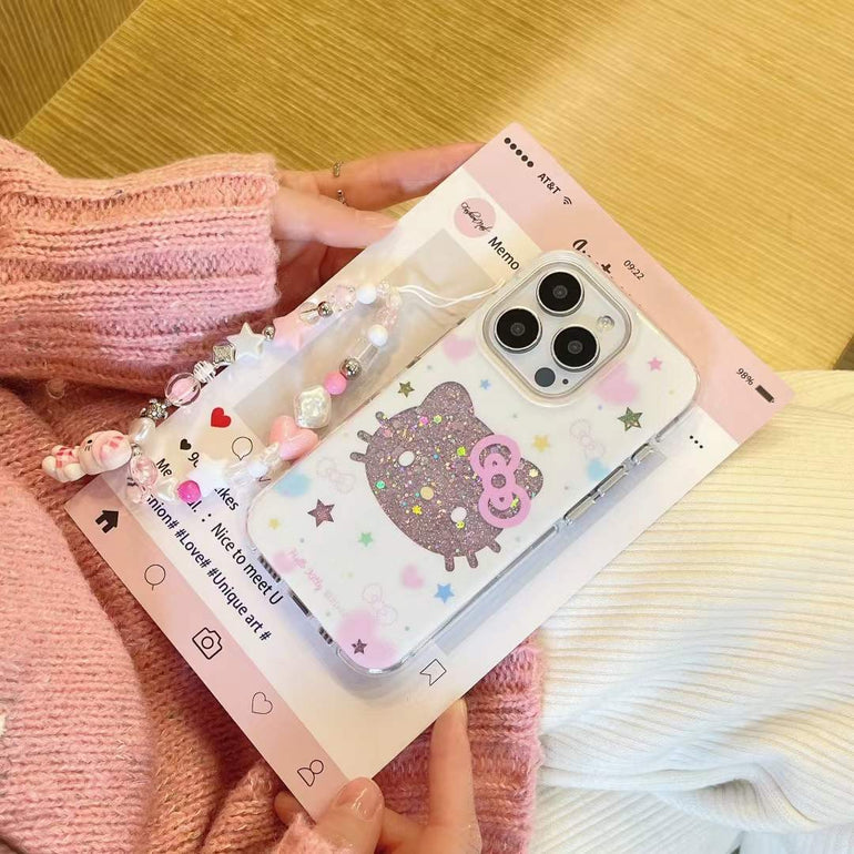 Glitter Star Kitty Silicon Case For iPhone With Kitty Beaded Charm